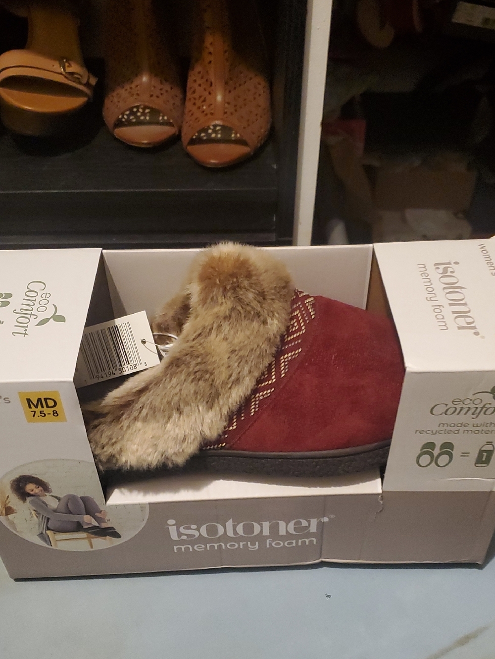 isotoner Wine Red Faux Fur-Trim Memory Foam Slip-On Slipper